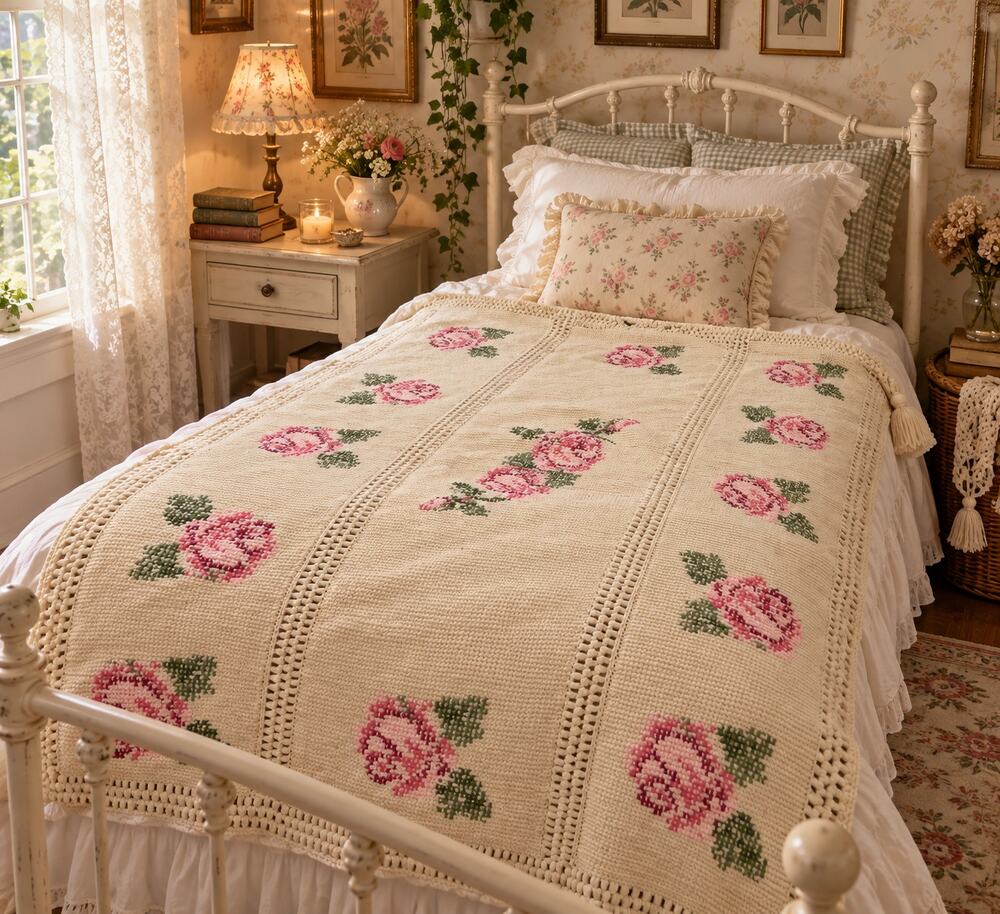 Knit Blanket Twin Throw Bed Cottage Core Granny Shabby Chic French Country